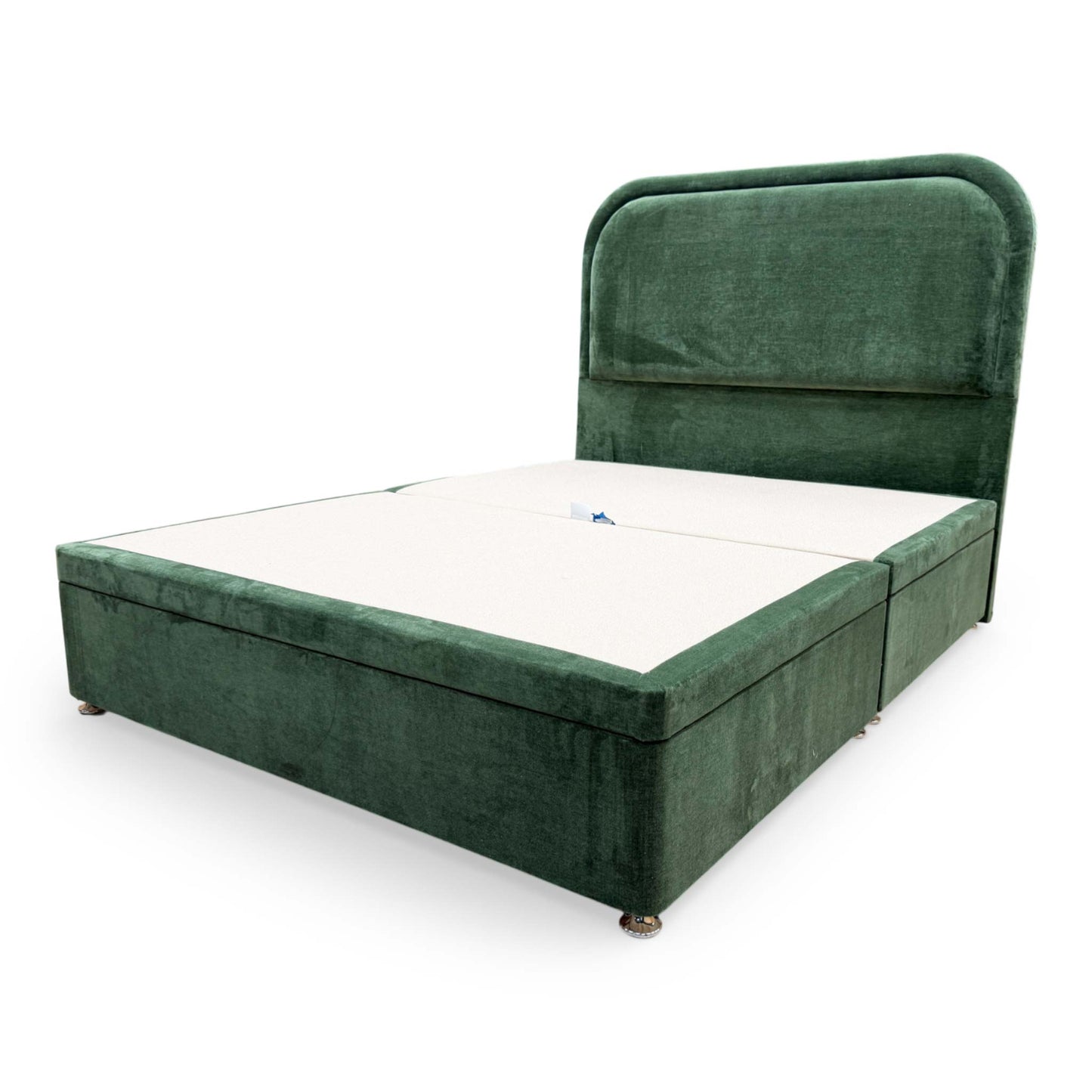 Side view of the king-size ottoman divan base, showing the clean lines and uniform Aston Moss fabric upholstery.