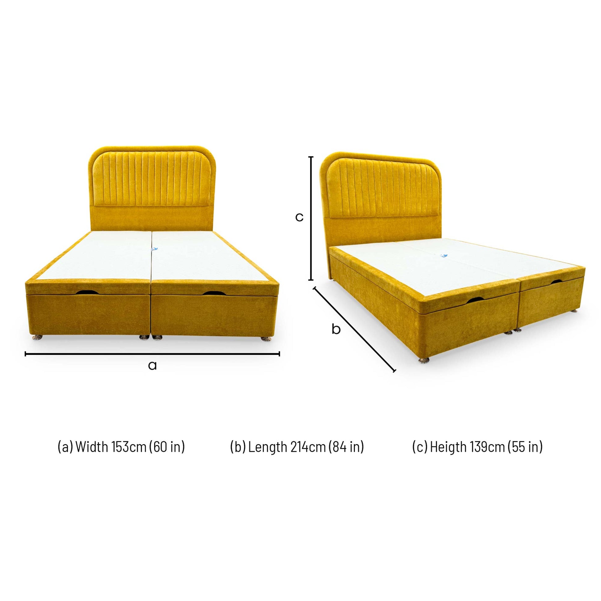 Dimensions for the Highgrove ‘Portland’ King Size Bed with Double End-Lift Ottoman Base.