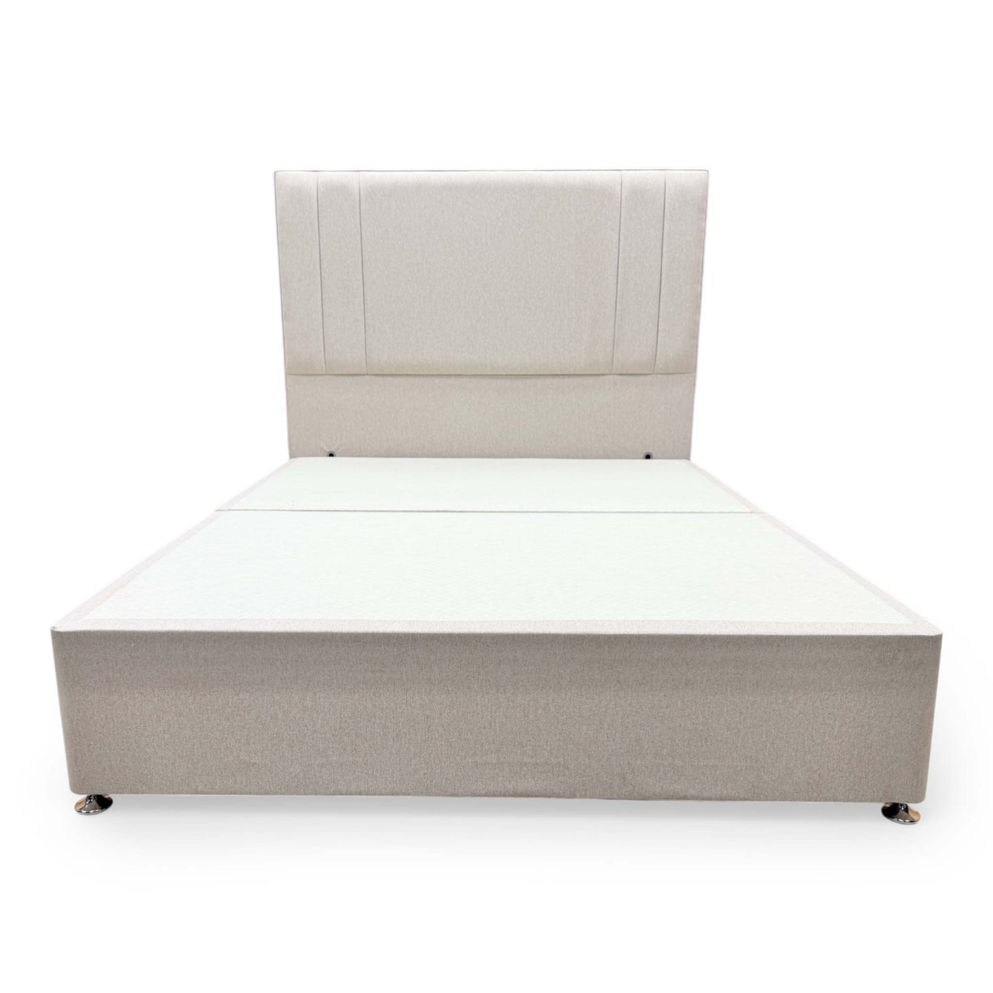 Front view of the Highgrove ‘Cygnus’ King Size Bed featuring a floor-standing headboard and a 4-drawer divan base in Orkney Oat fabric.