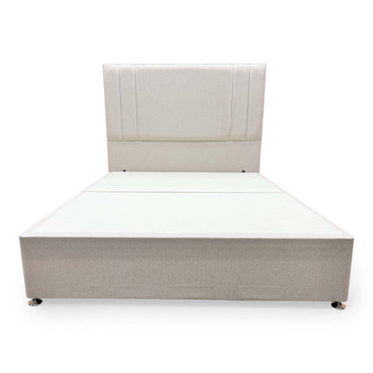 Front view of the Highgrove ‘Cygnus’ King Size Bed featuring a floor-standing headboard and a 4-drawer divan base in Orkney Oat fabric.