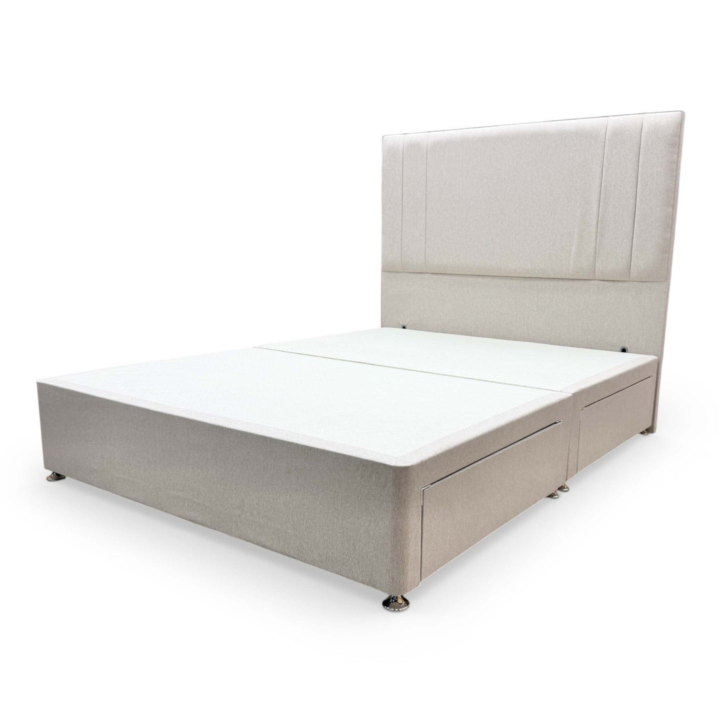 View of the complete ‘Cygnus’ bed ensemble in a room setting, showing how the oat fabric complements a modern bedroom.