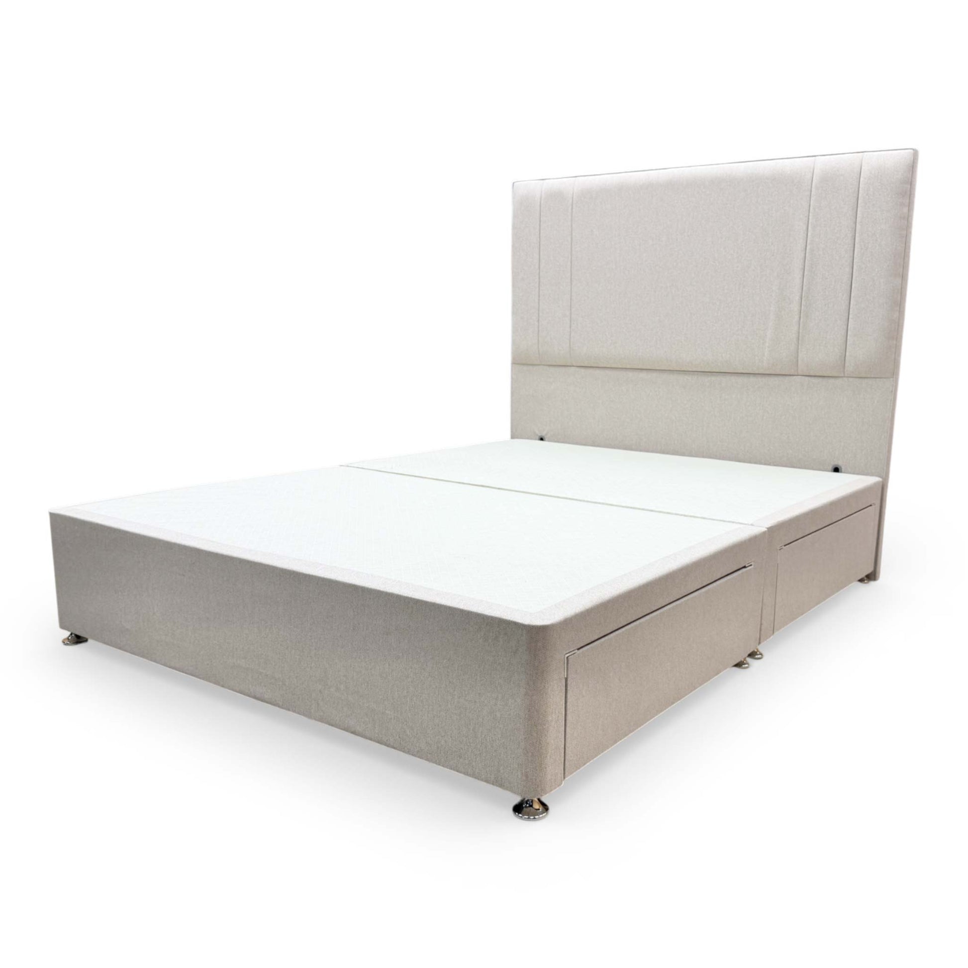 View of the complete ‘Cygnus’ bed ensemble in a room setting, showing how the oat fabric complements a modern bedroom.