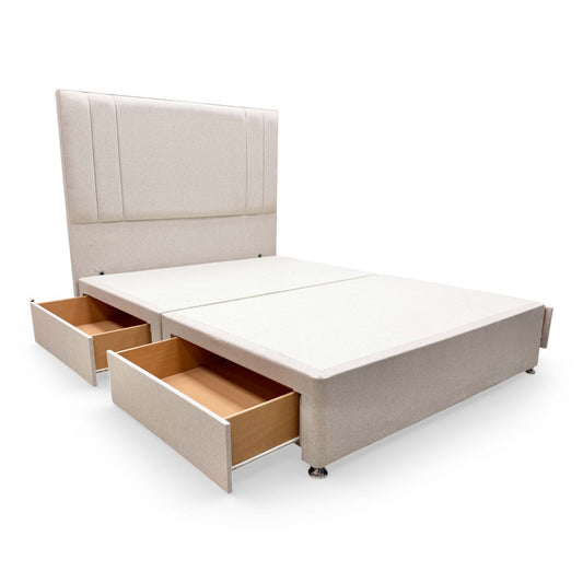 Full view of the Highgrove ‘Cygnus’ King Size Bed featuring a floor-standing headboard and a 4-drawer divan base in Orkney Oat fabric.