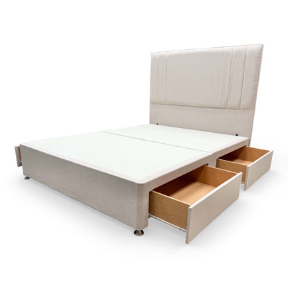 Detailed view of the floor-standing headboard, illustrating its architectural presence and high-quality finish.