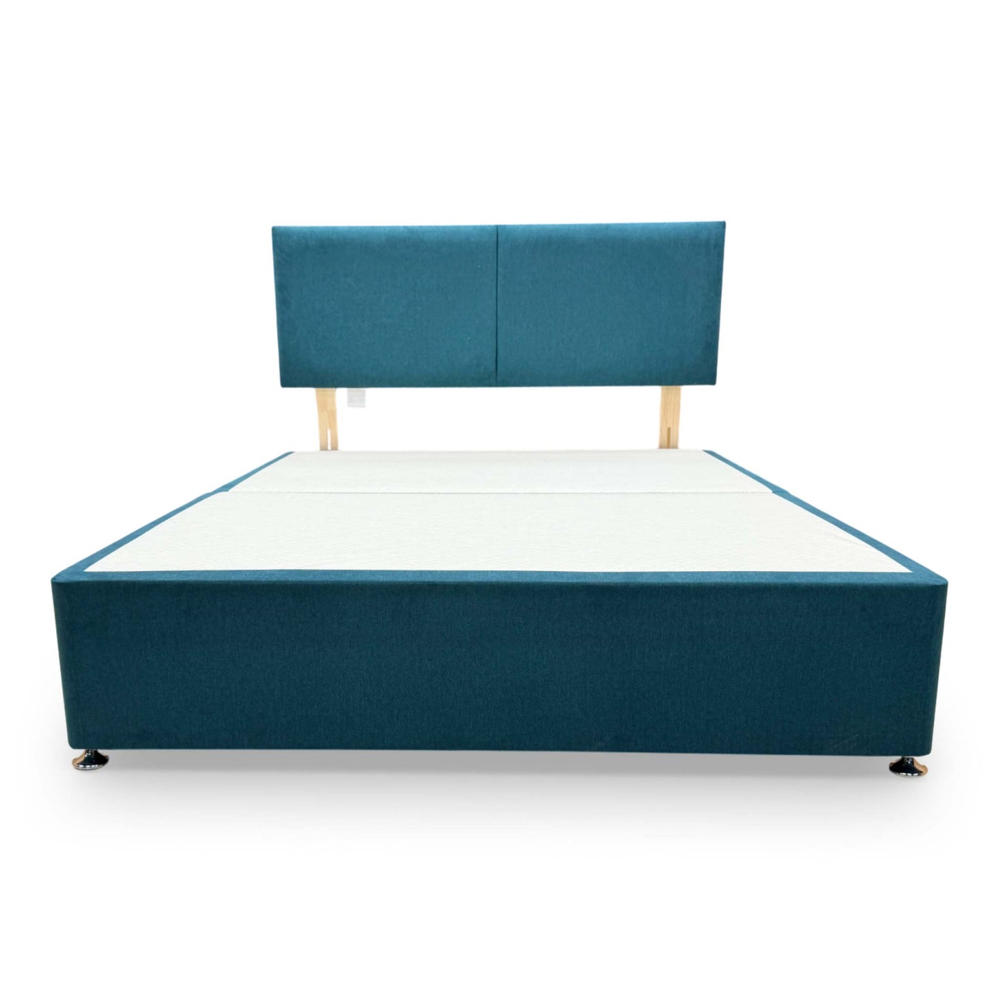 Front view of the Bella king-size bed, emphasizing the bold teal color and functional under-bed storage drawers.