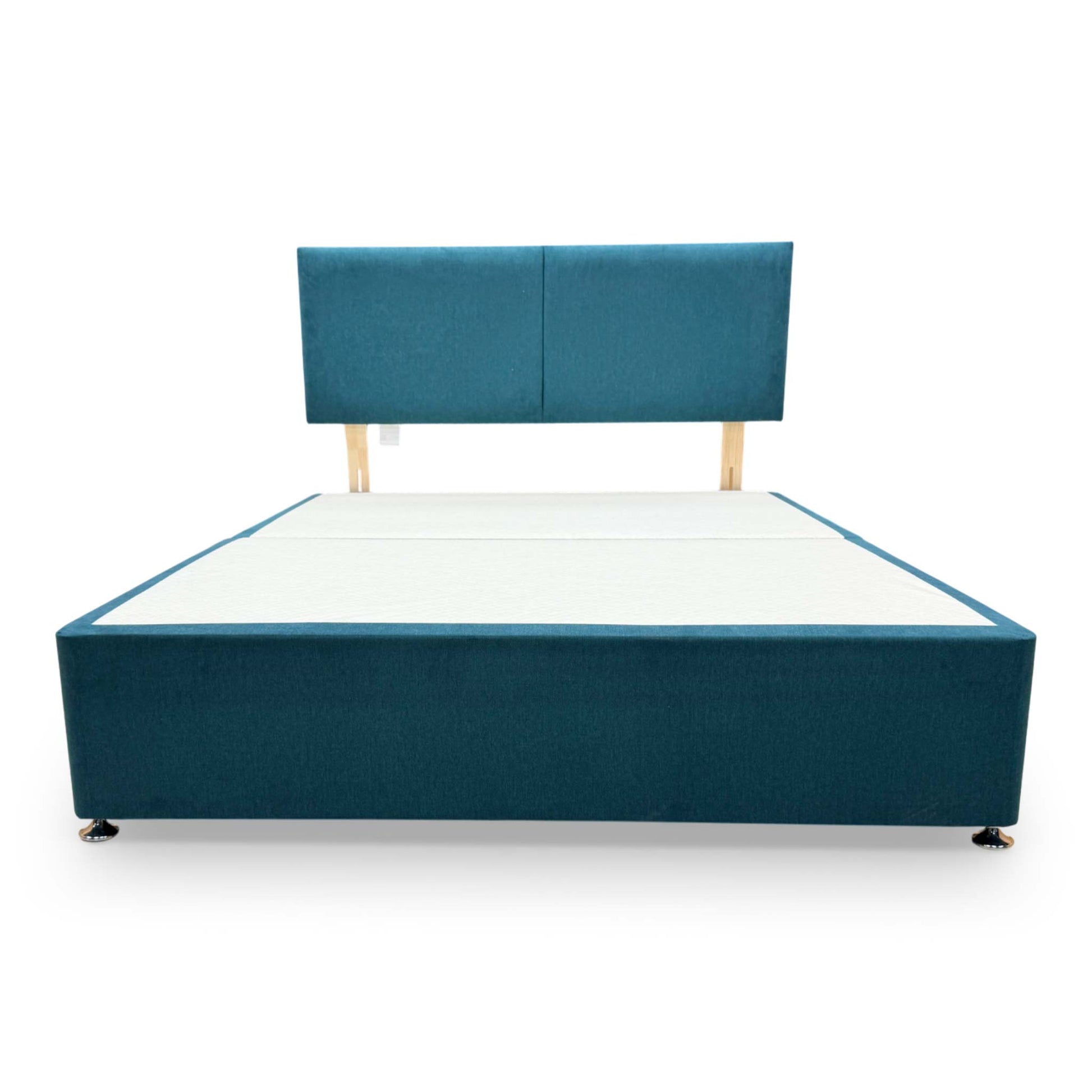 Front view of the Bella king-size bed, emphasizing the bold teal color and functional under-bed storage drawers.