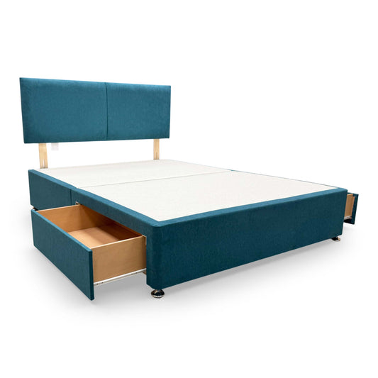 Full view of the highgrove ‘Bella’ king-size divan bed set featuring a vibrant Venice New Teal fabric headboard and a matching base with two integrated storage drawers.