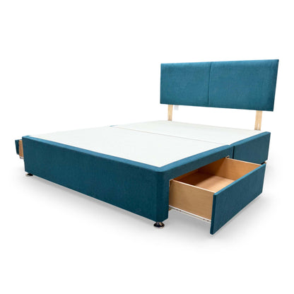 Side-angle view of the Bella bed set, showcasing the plush padding of the teal headboard and the clean, upholstered finish of the storage base.