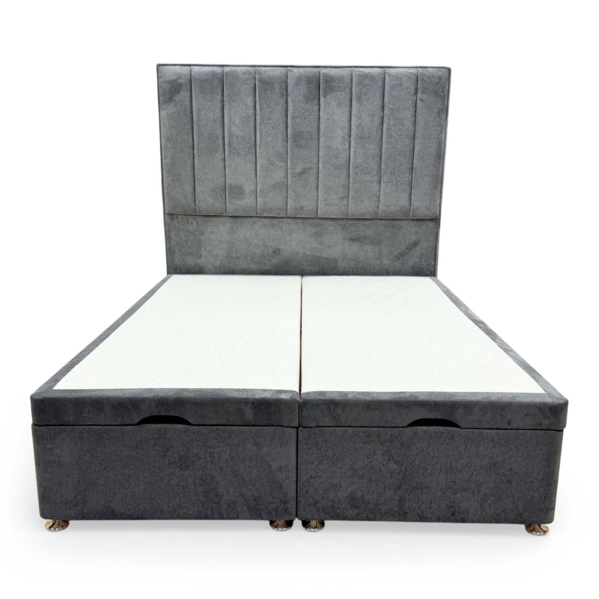 Front view of the Highgrove ‘Pluto’ Double Bed featuring a tall floor-standing headboard and an ottoman divan base upholstered in Milan Thunder gray velvet.