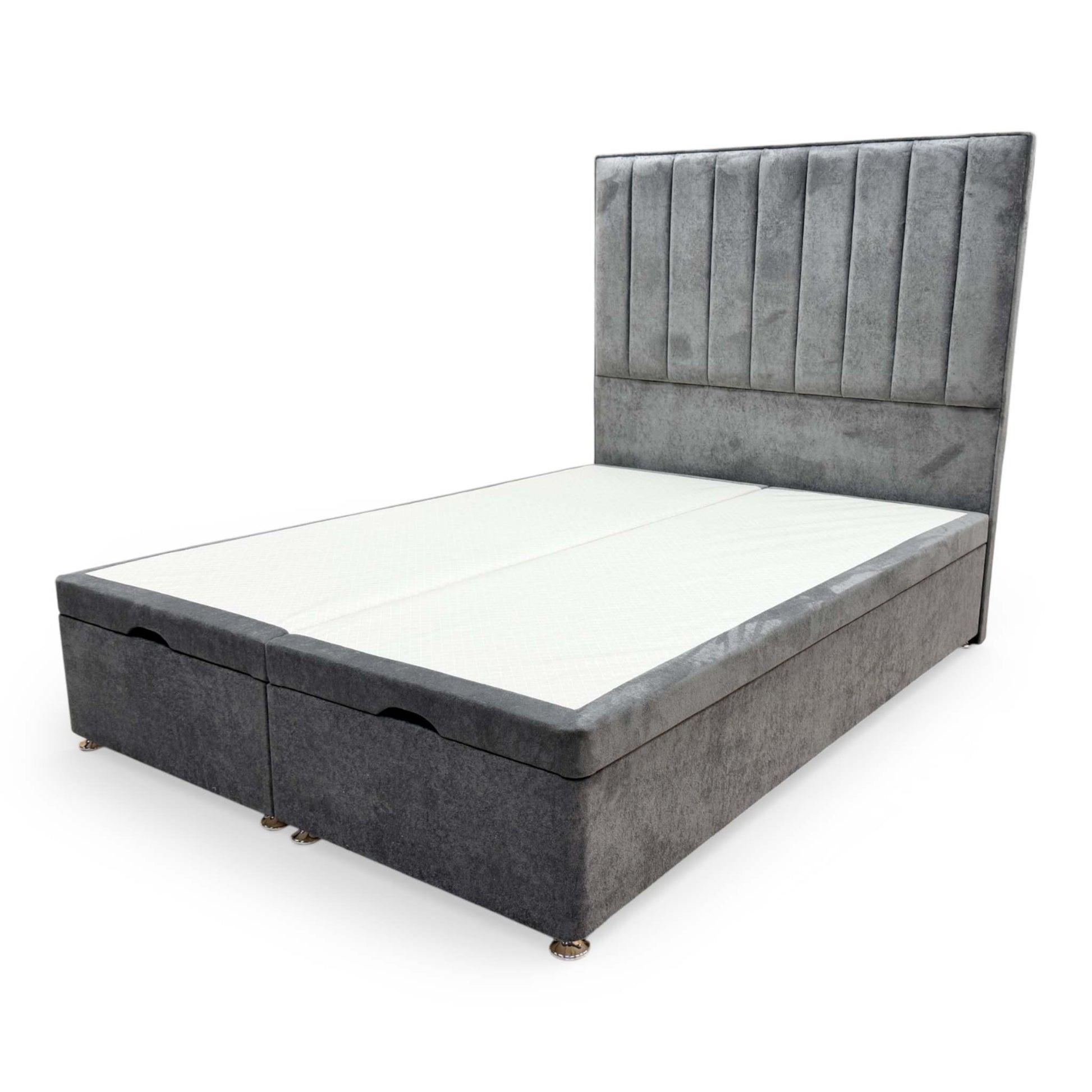Side view of the double ottoman divan base, showing the high-quality velvet upholstery and clean, contemporary lines.