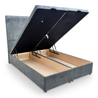 Close-up of the end-lift storage mechanism, emphasizing the smooth and convenient access to the under-bed compartment.