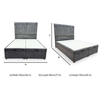 Dimensions for the Highgrove ‘Pluto’ Double Bed with Double End-Lift Ottoman Base.