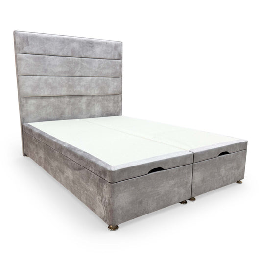 Full View view of the Highgrove ‘Pisces’ Double Bed featuring a floor-standing headboard and end-lift ottoman base in Lace Dolphin gray velvet.