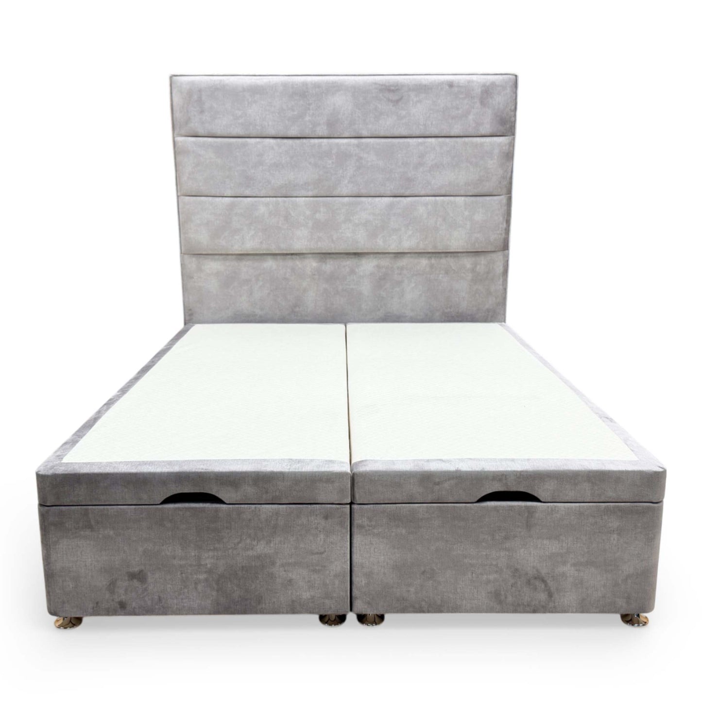 Front view of the Highgrove ‘Pisces’ Double Bed featuring a floor-standing headboard and end-lift ottoman base in Lace Dolphin gray velvet.