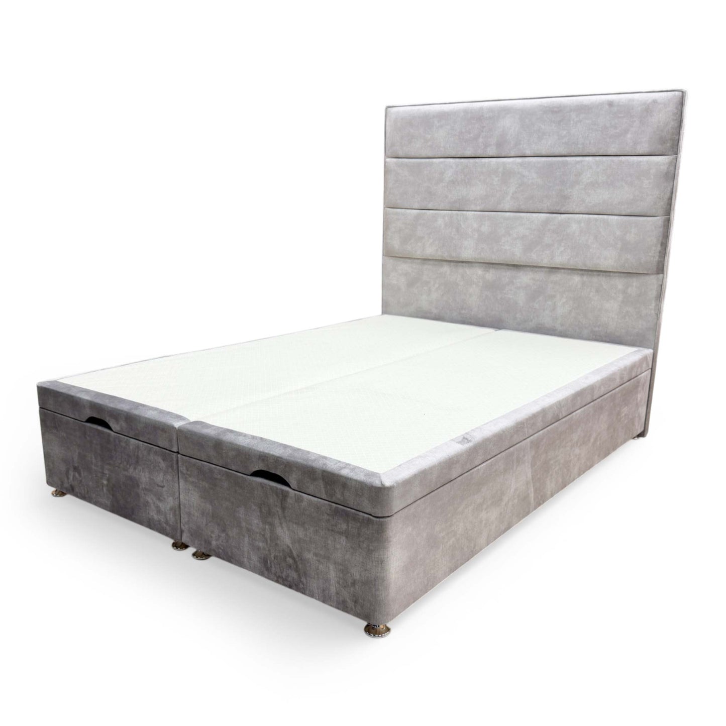 Side view of the double ottoman base, showing the plush gray velvet upholstery and sturdy, modern divan construction.