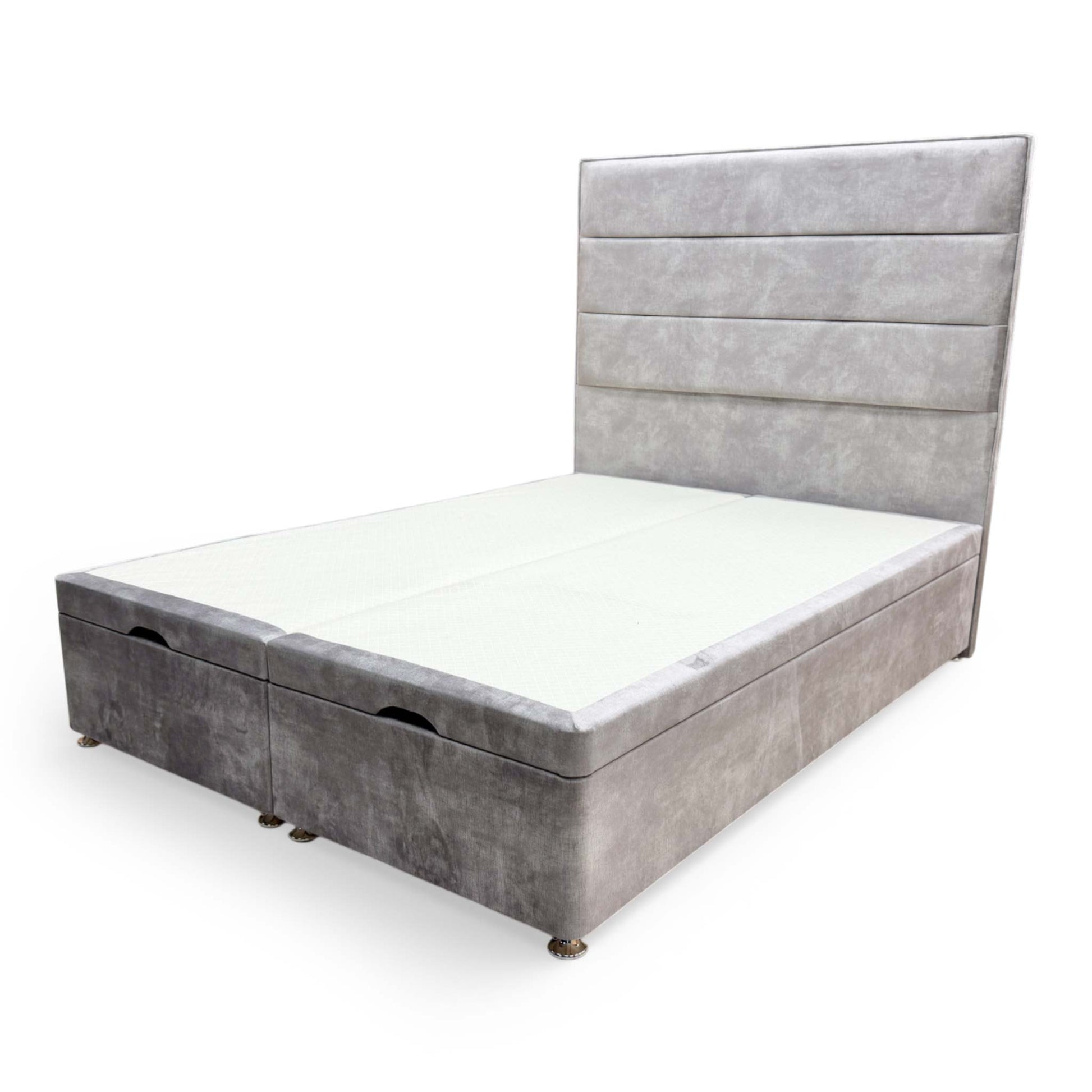 Side view of the double ottoman base, showing the plush gray velvet upholstery and sturdy, modern divan construction.