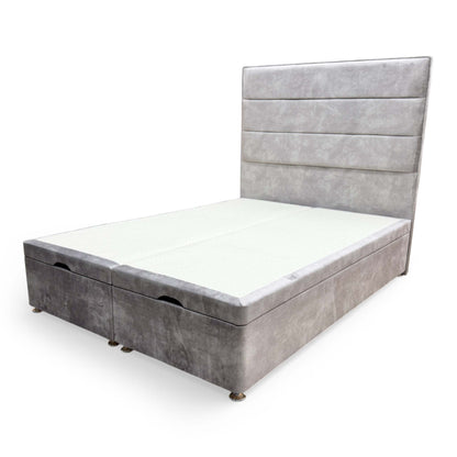 Side view of the double ottoman base, showing the plush gray velvet upholstery and sturdy, modern divan construction.