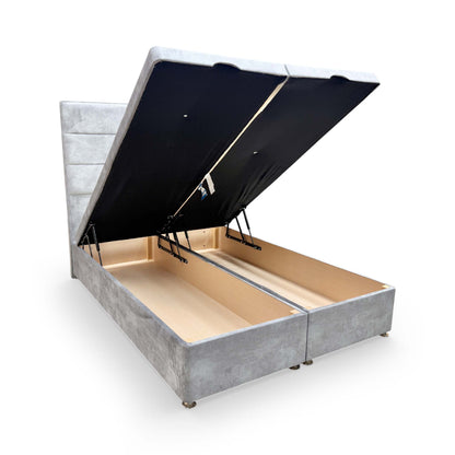 Close-up of the end-lift storage mechanism, highlighting the easy access and high-quality engineering of the ottoman base.