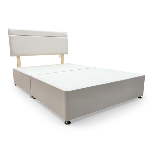 Full view of highgrove ‘Capella’ double divan bed set with a classic Venice Cream fabric headboard and a matching solid divan base.