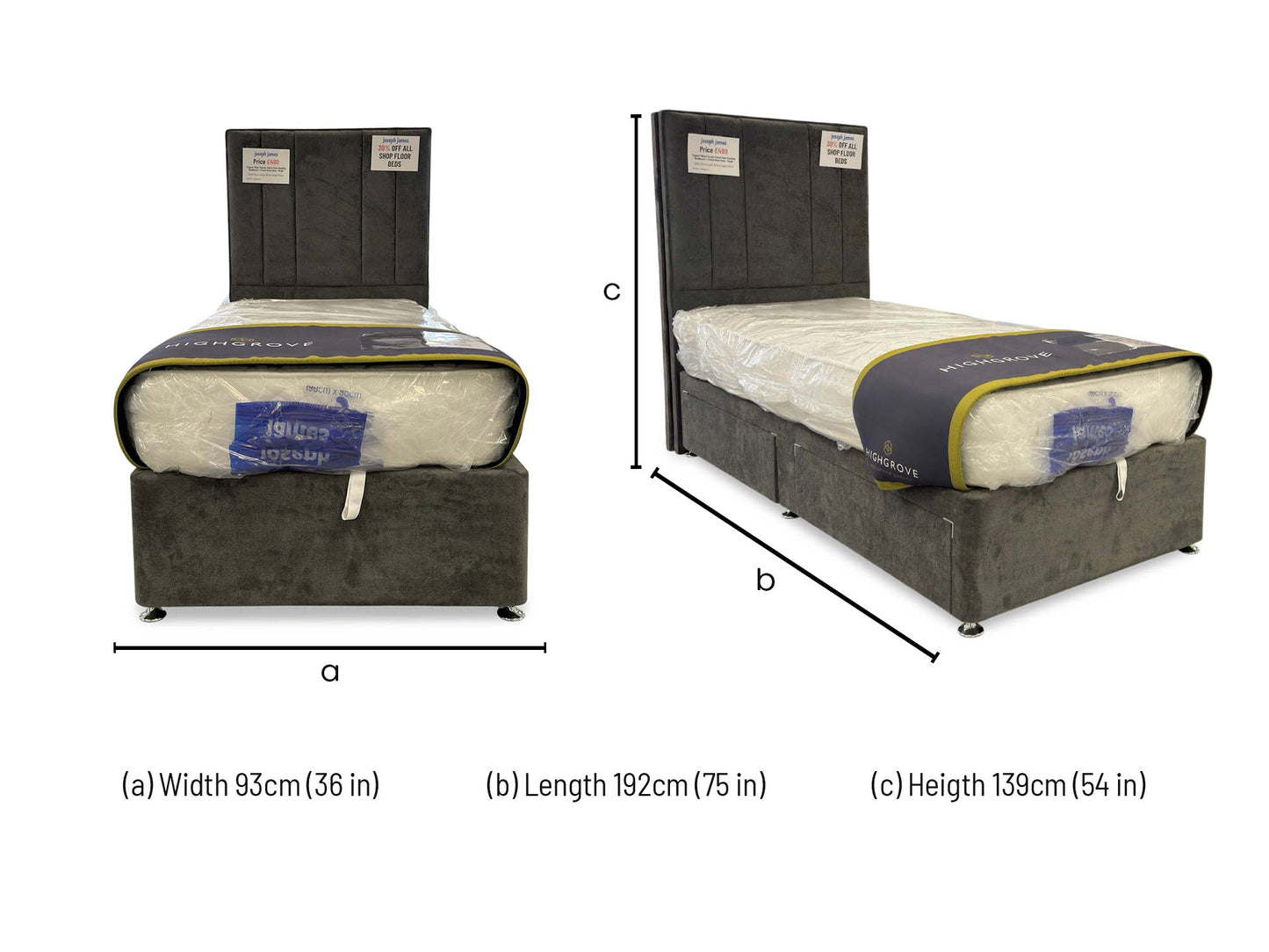 Technical dimension diagram for the Cygnus Single Milan Thunder Divan: Width 90cm, Length 190cm, Headboard Height 135cm.