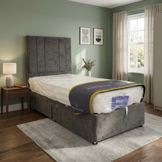 Living room view of the Cygnus Single Bed, highlighting the luxurious Milan Thunder dark grey velvet upholstery and the seamless floor-standing headboard design.