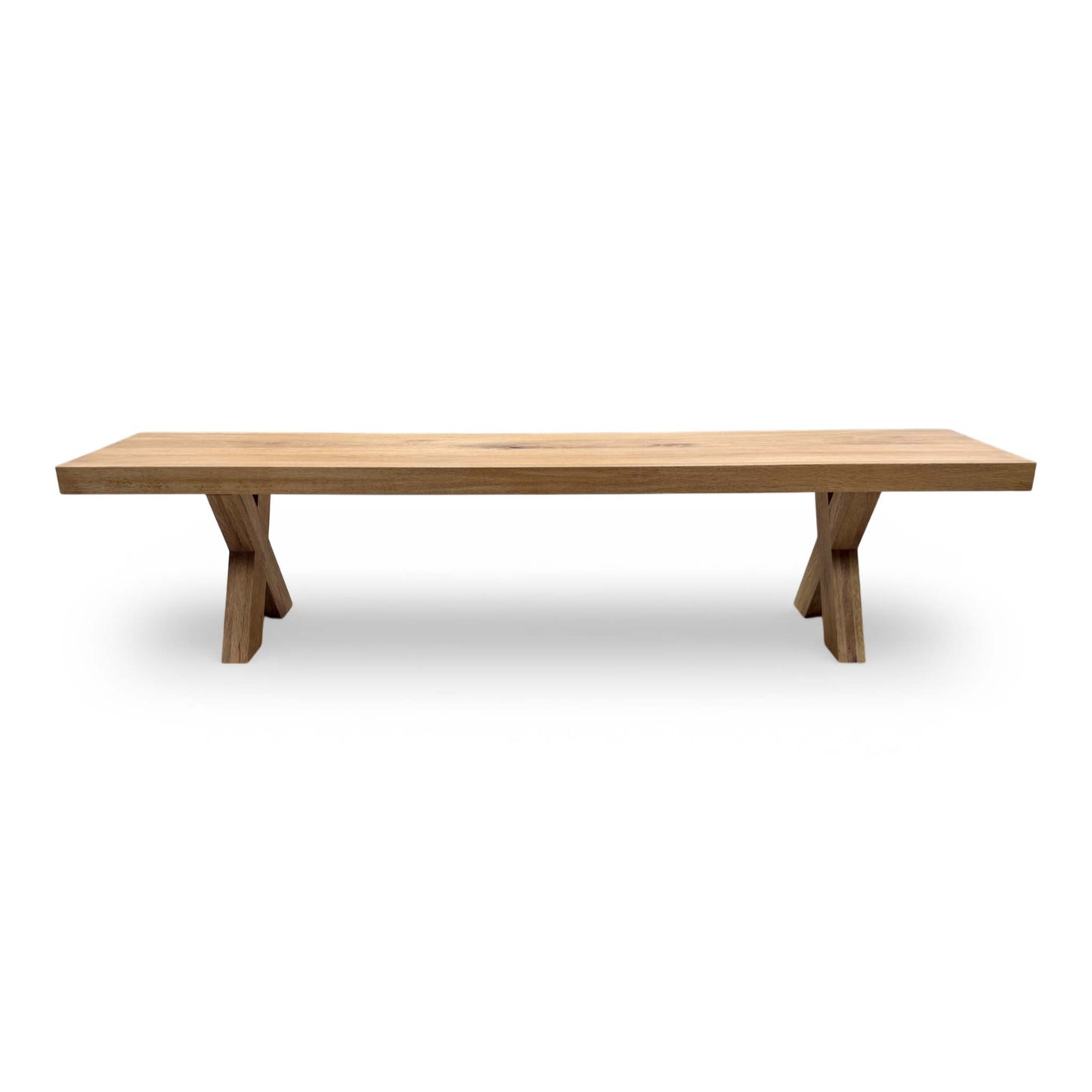 Detailed shot of the wooden X-shaped leg assembly, emphasizing the craftsmanship and structural integrity of the bench.
