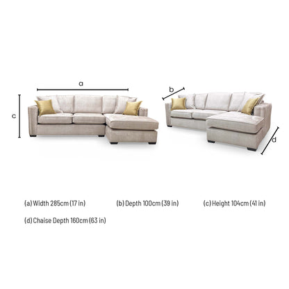 Dimensions for the ‘Chelsea' Beige Vogue Velvet Large Right Hand Facing Open End Corner Chaise.