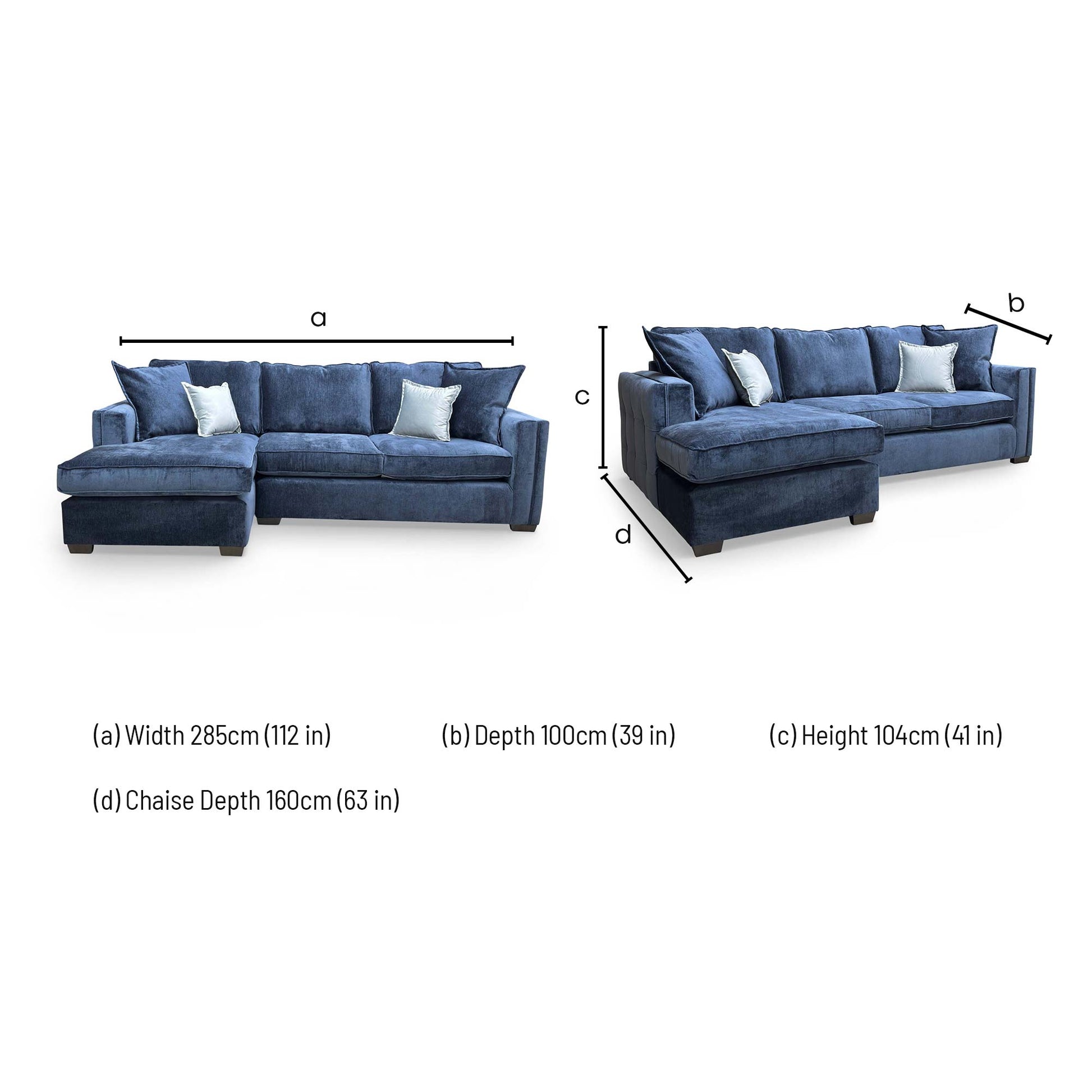 Dimensions for the ‘Chelsea’ Meridian Truffle Soft Weave Fabric Large Left Hand Facing Open End Corner Chaise.