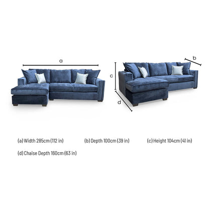 Dimensions for the ‘Chelsea’ Meridian Truffle Soft Weave Fabric Large Left Hand Facing Open End Corner Chaise.