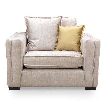 Detailed view of the plush seat and back cushions, illustrating the medium firmness and comfort of this oversized armchair.