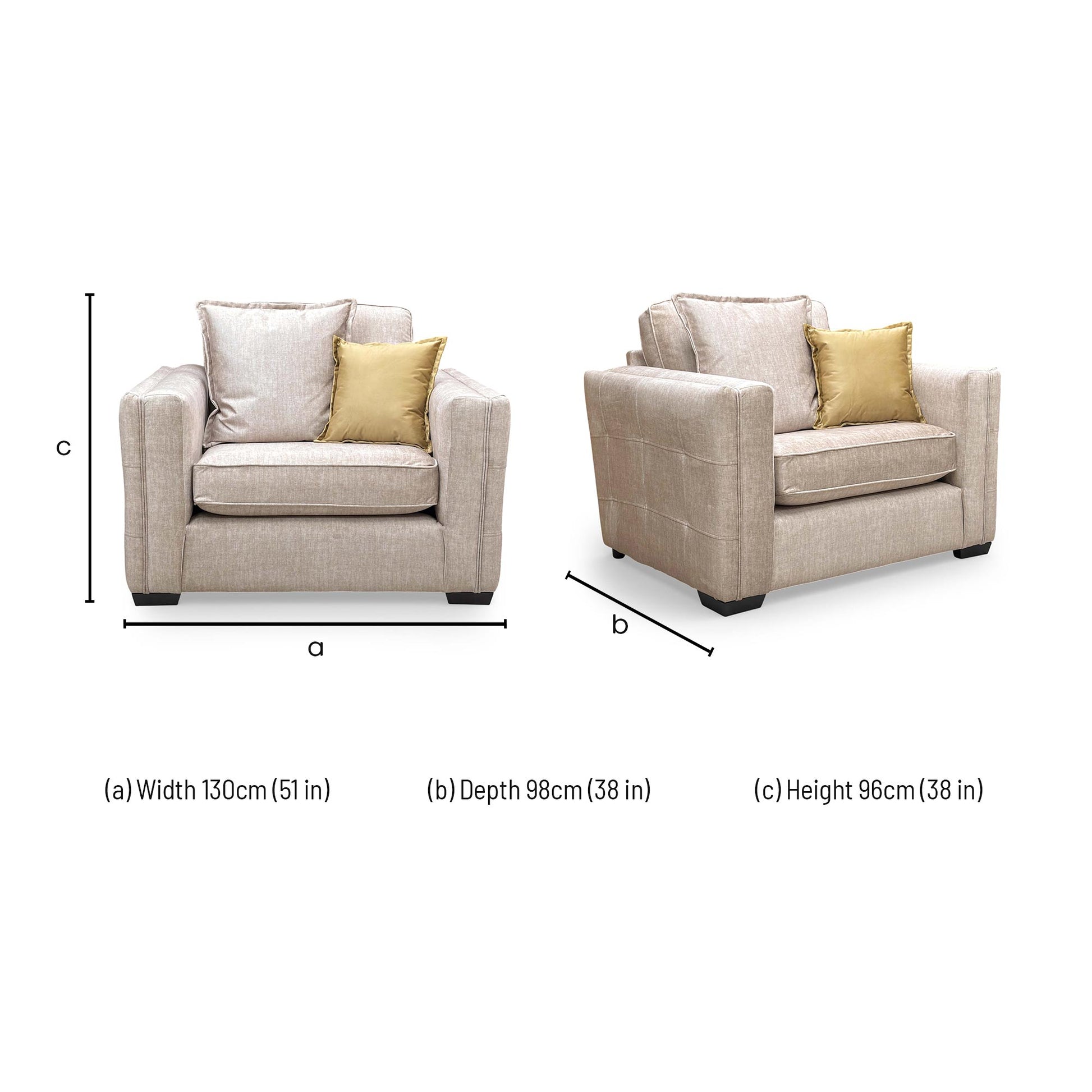 Dimensions for the 'Chelsea' Beige Vogue Velvet Formal Back Snuggler Chair.