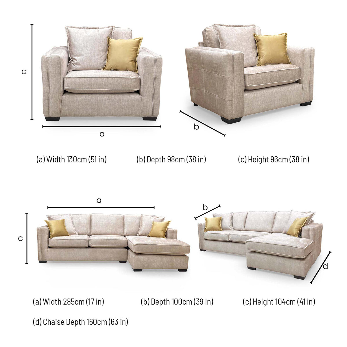 Chelsea set dimensions: snuggler 130 x 98 x 96cm; corner chaise width 285cm, depth 100cm, height 104cm, chaise 160cm