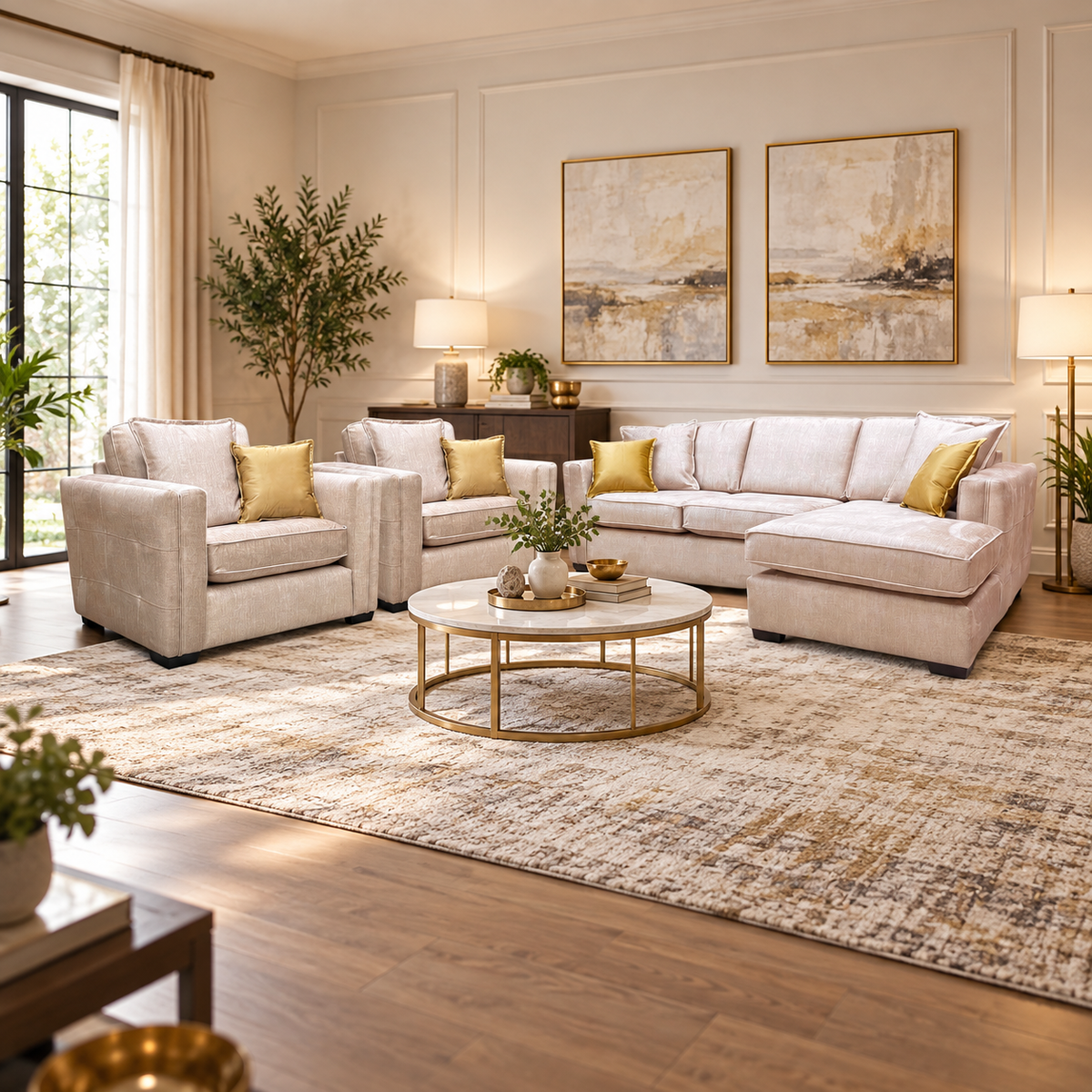 Chelsea beige velvet corner chaise and two snuggler chairs in a living room with a round gold coffee table