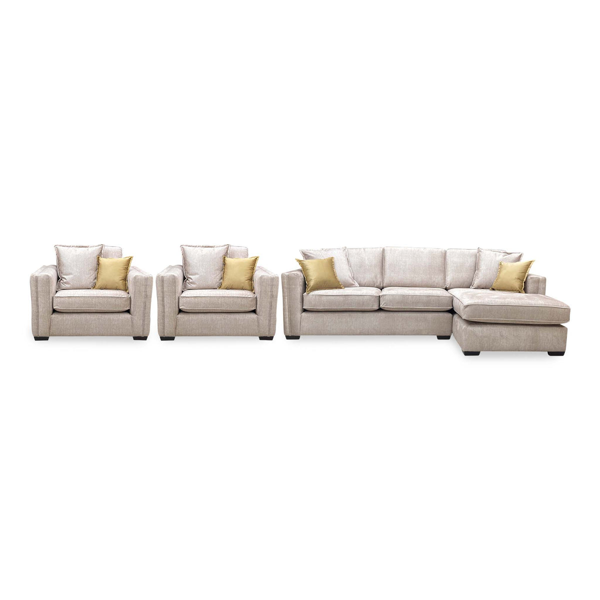 Front view of the Chelsea beige velvet set, two snuggler chairs beside the right hand chaise sofa
