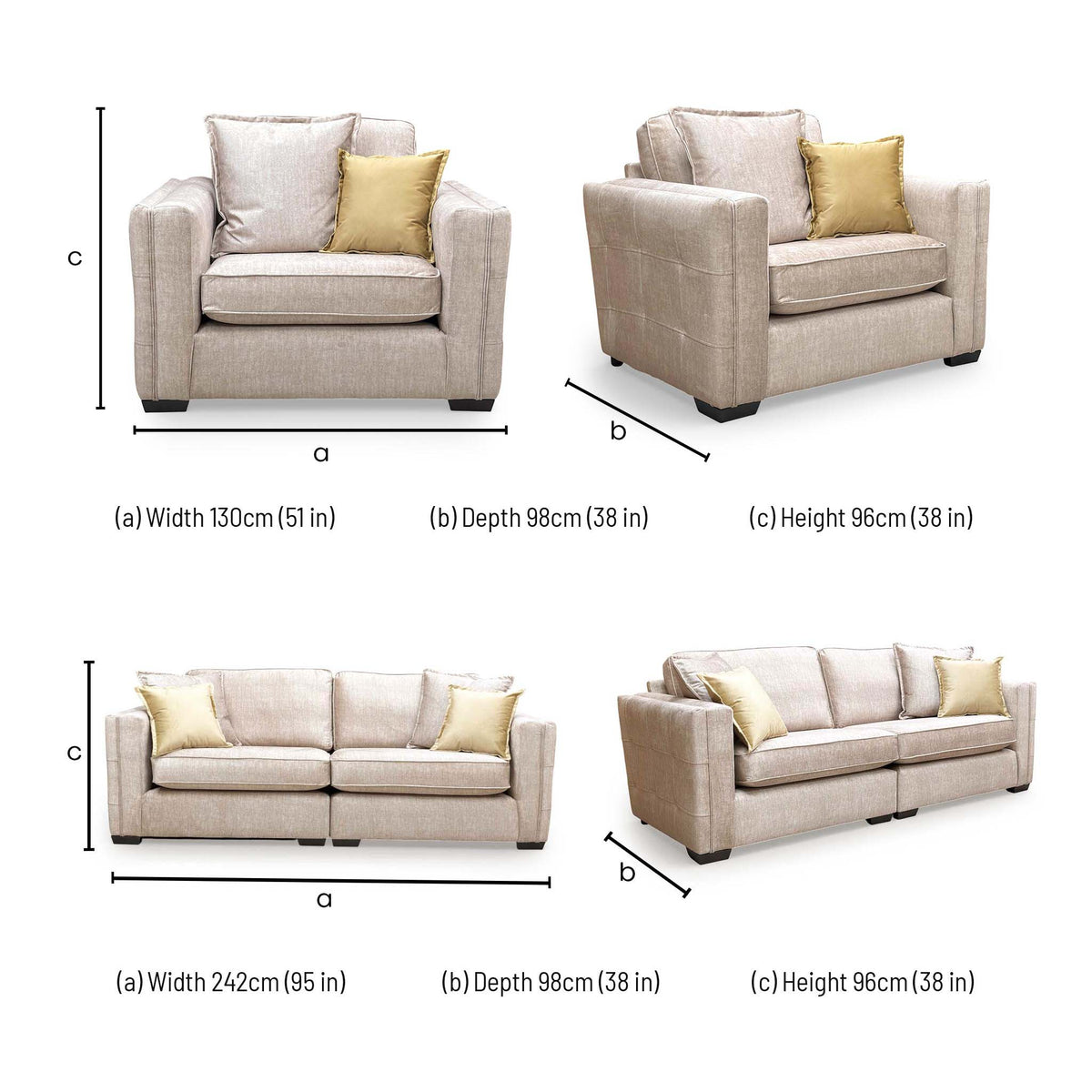 Chelsea set dimensions: snuggler width 130cm, sofa width 242cm, both depth 98cm and height 96cm