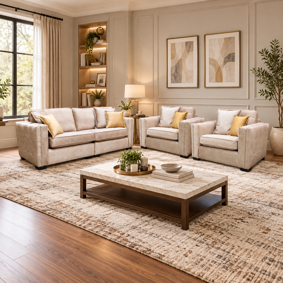 Chelsea beige velvet 4 seater sofa and two snuggler chairs in a living room around a stone coffee table