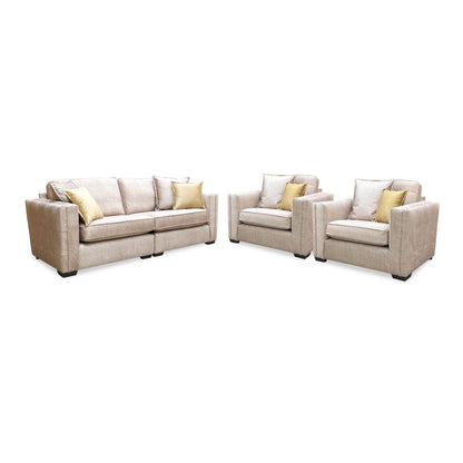Chelsea beige velvet 4 seater split frame sofa with the two snuggler chairs from the set, angled cut-out
