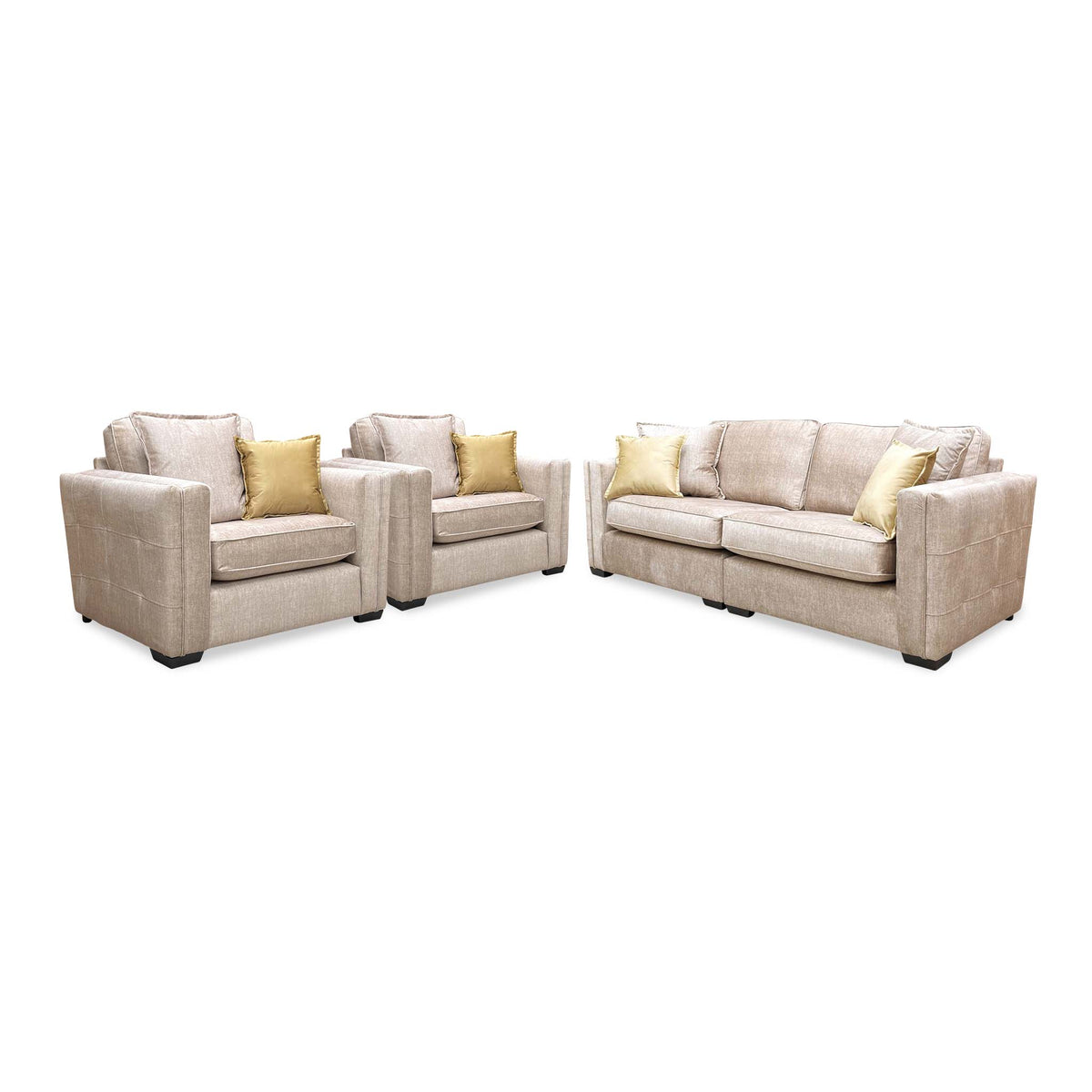 Chelsea beige velvet set angled from the right, two snuggler chairs on the left and the 4 seater sofa on the right