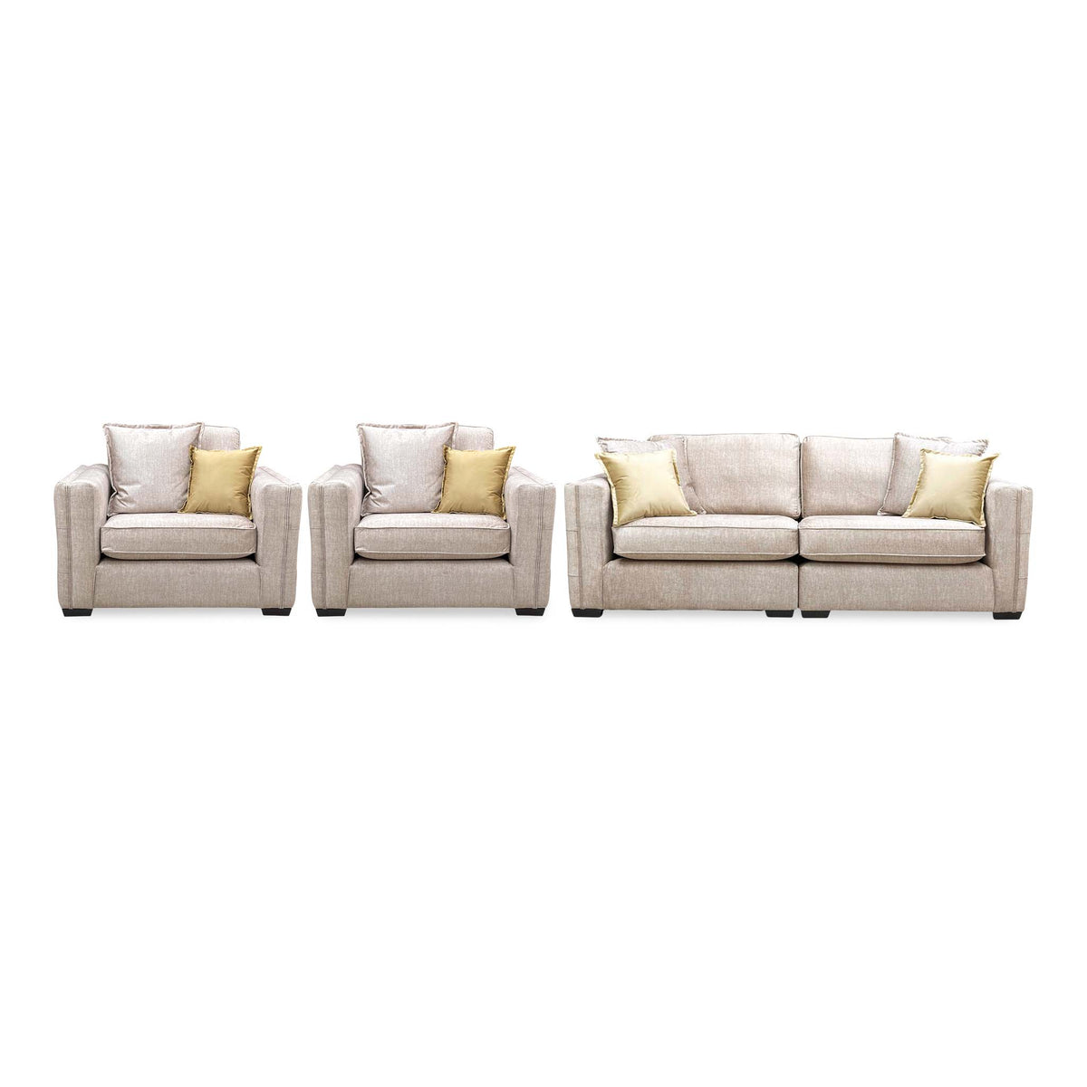 Front view of the Chelsea beige velvet set: two snuggler chairs beside the 4 seater split frame sofa
