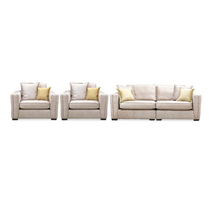 Front view of the Chelsea beige velvet set: two snuggler chairs beside the 4 seater split frame sofa