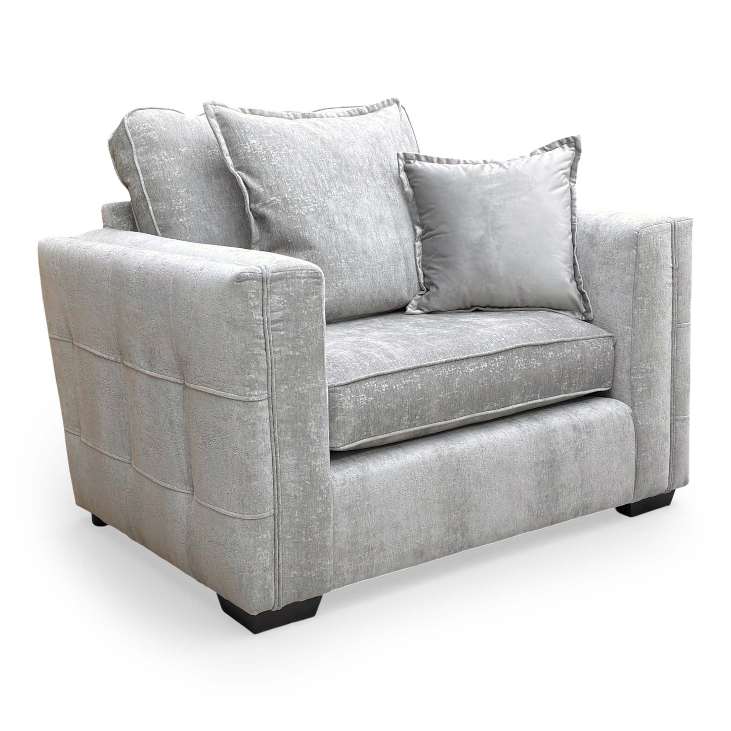 Front-facing view of the Thornbrook 'Chelsea' Cuddler Chair, upholstered in Meridian Truffle soft weave fabric with a formal back design.