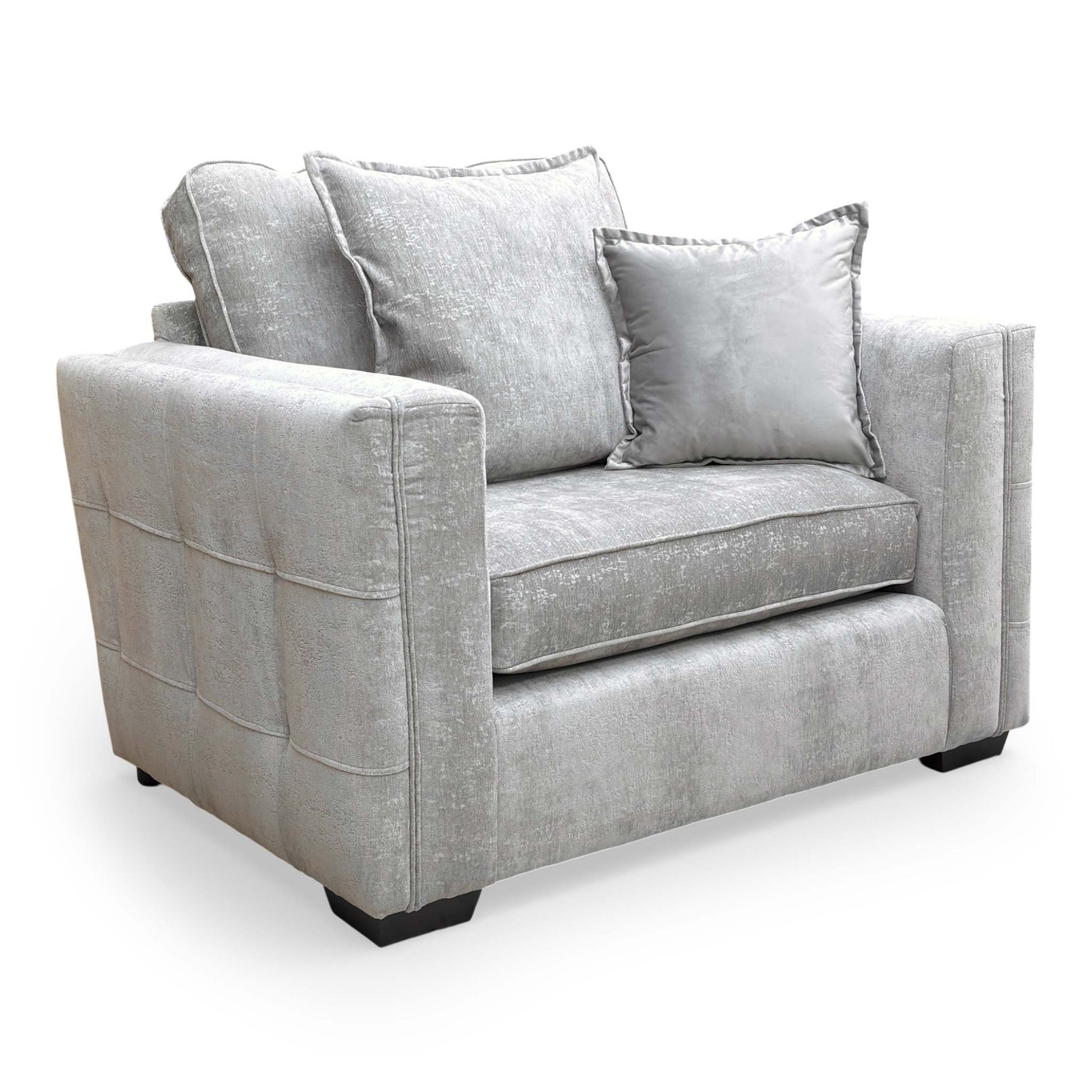 Front-facing view of the Thornbrook 'Chelsea' Cuddler Chair, upholstered in Meridian Truffle soft weave fabric with a formal back design.