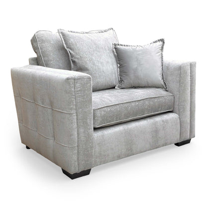Front-facing view of the Thornbrook 'Chelsea' Cuddler Chair, upholstered in Meridian Truffle soft weave fabric with a formal back design.