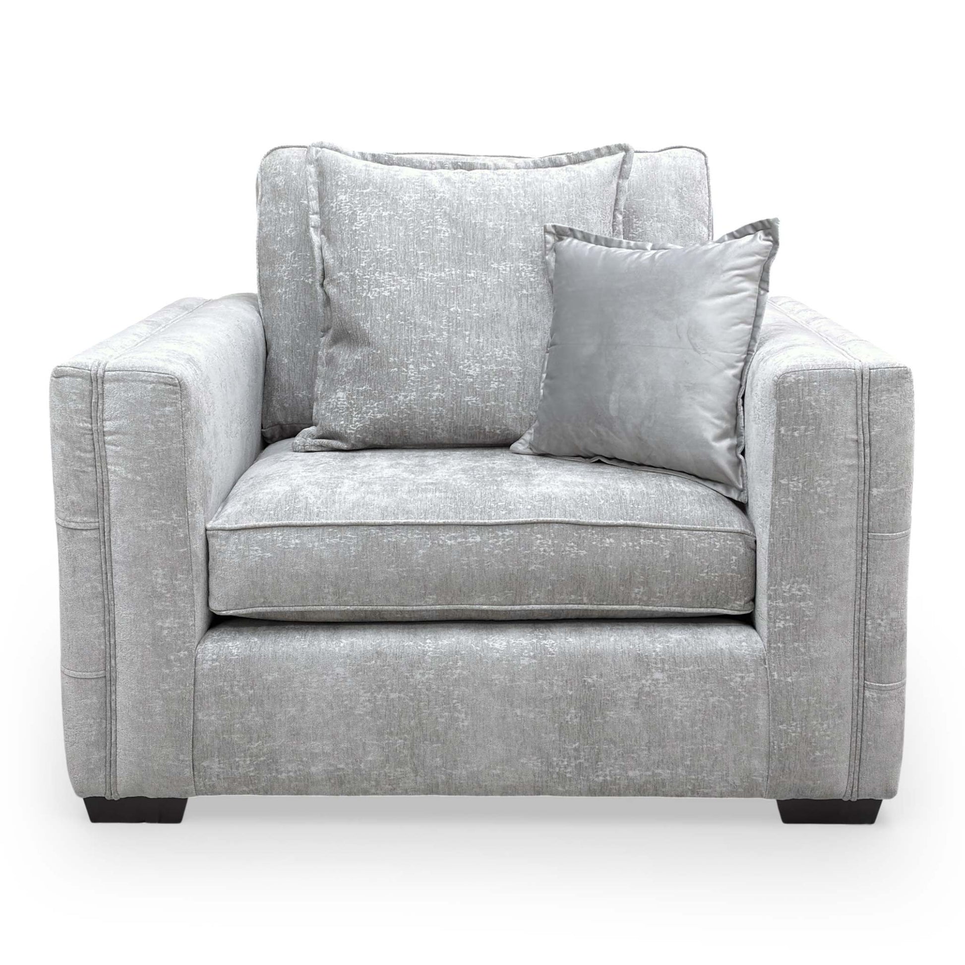 Front view of the Chelsea cuddler chair in Meridian Truffle, showcasing its wide seating area and modern English arm style.