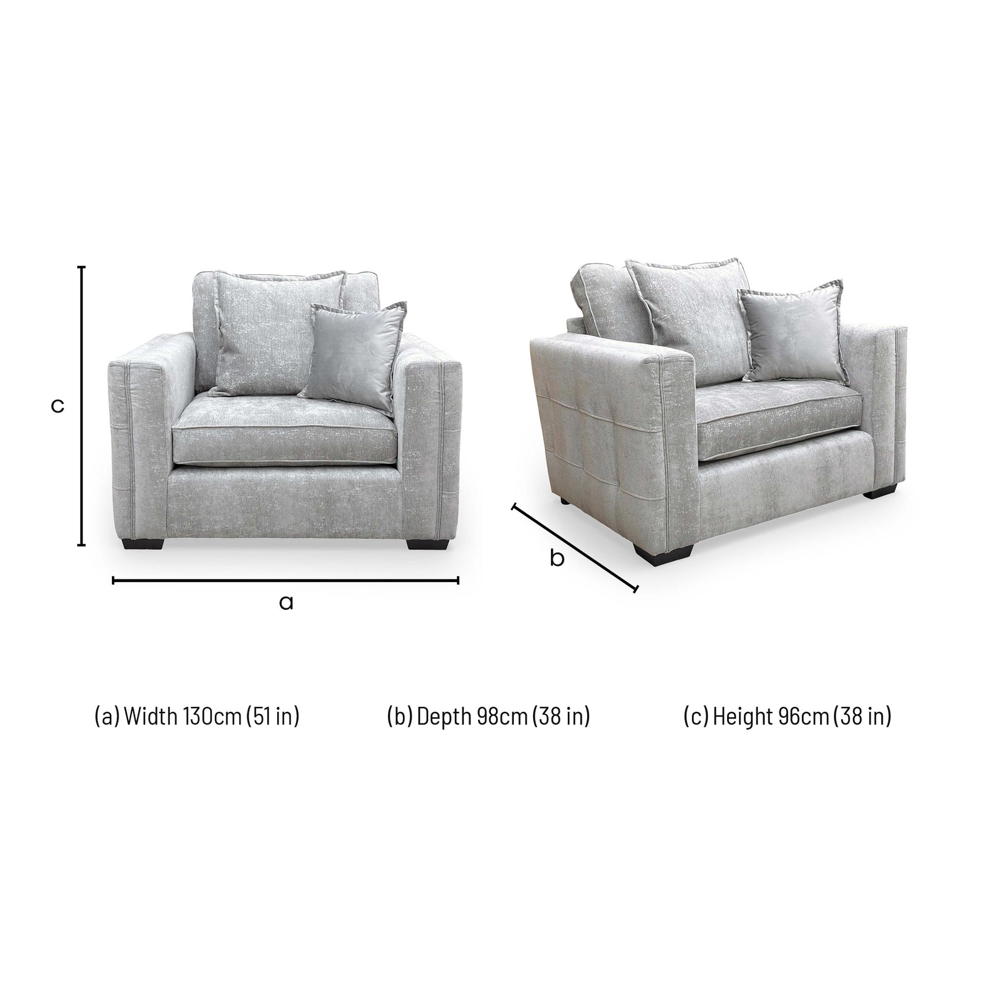 Dimensions for the 'Chelsea' Meridian Truffle Soft Weave Fabric Formal Cuddler Chair.