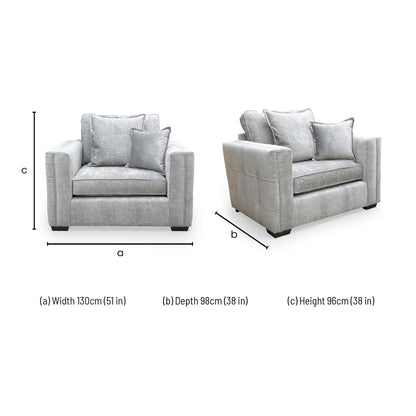 Dimensions for the 'Chelsea' Meridian Truffle Soft Weave Fabric Formal Cuddler Chair.