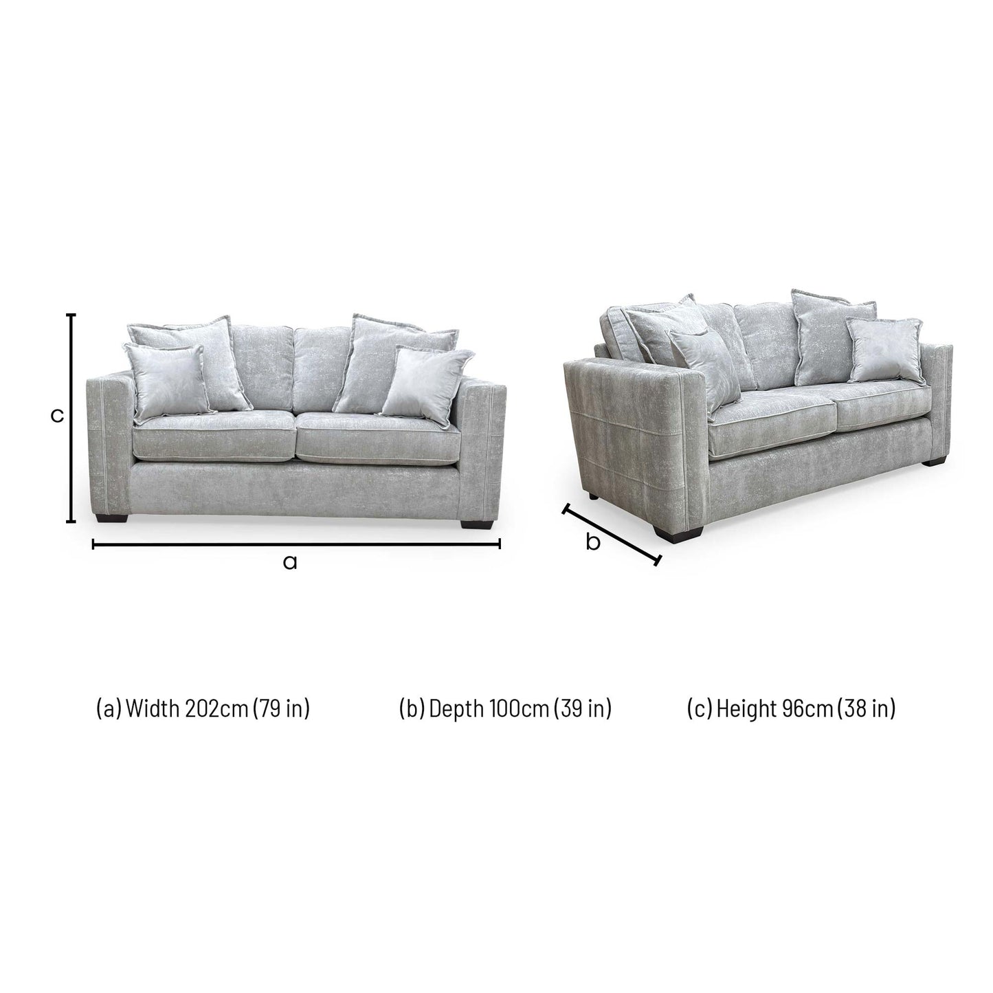 Dimensions for the 'Chelsea' Meridian Truffle Soft Weave Fabric Formal Back 3 Seater Sofa.