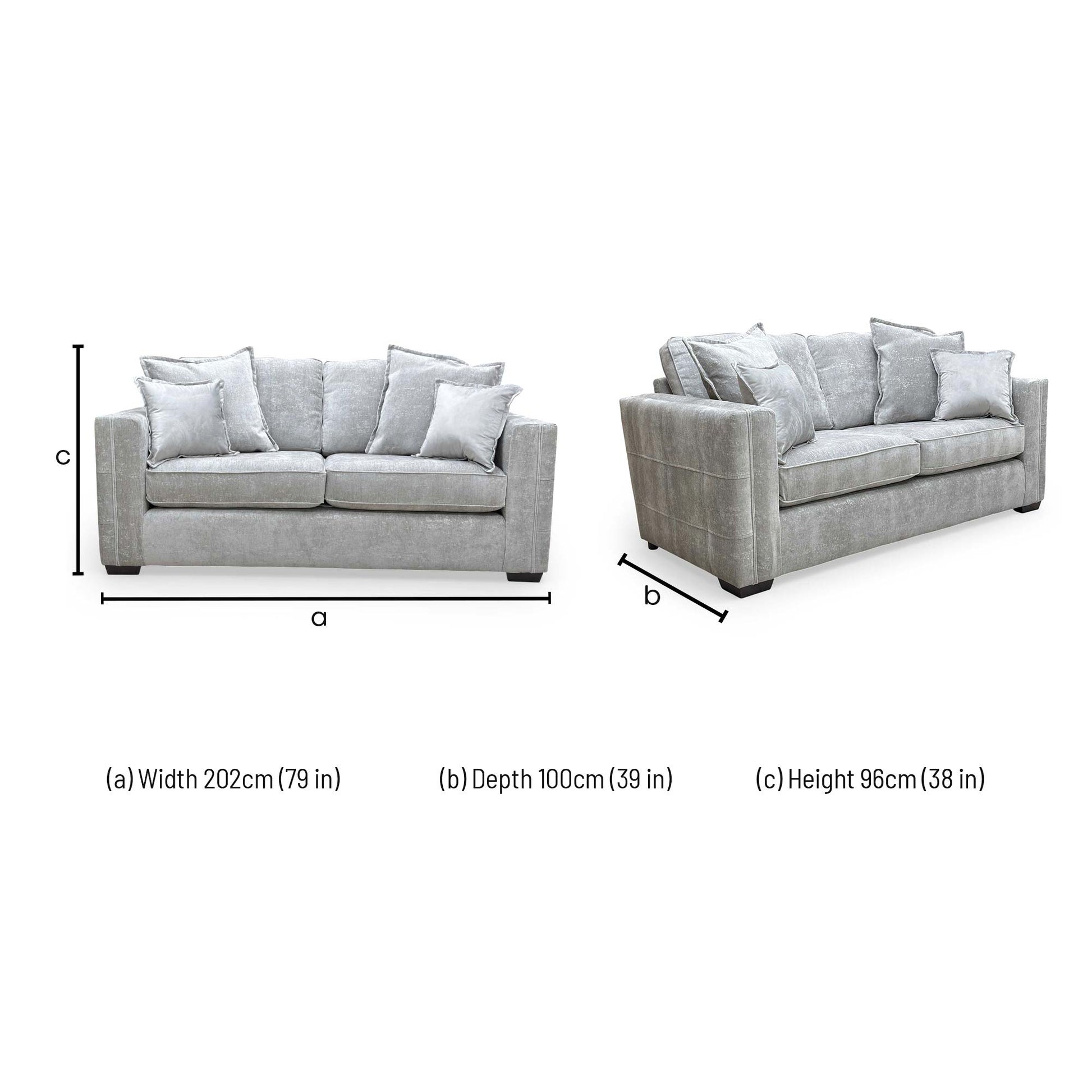 Dimensions for the 'Chelsea' Meridian Truffle Soft Weave Fabric Formal Back 3 Seater Sofa.