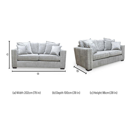 Dimensions for the 'Chelsea' Meridian Truffle Soft Weave Fabric Formal Back 3 Seater Sofa.