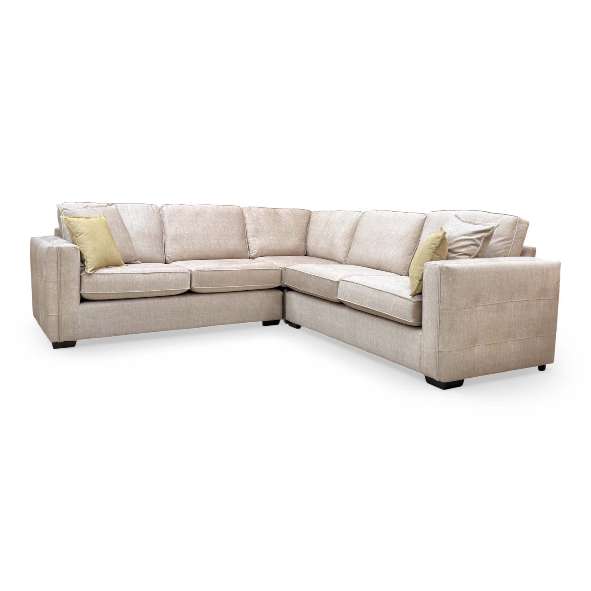 Front-facing view of the Thornbrook 'Chelsea' 2 Corner 2 sofa, showcasing its elegant beige Vogue velvet upholstery and symmetrical corner design.